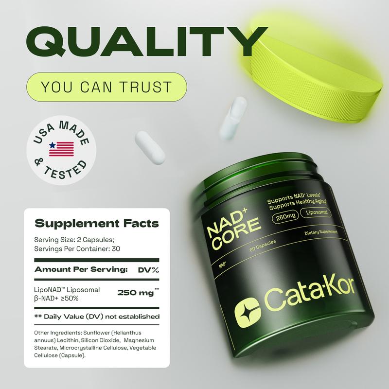 Cata-Kor 250 mg - NAD+ Supplement for Skin Aging Support, Energy, and Focus